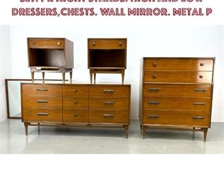 Lot 888 5pc American Modern Bedroom Set. Pr Night Stands. High and Low Dressers,Chests. Wall Mirror. Metal p