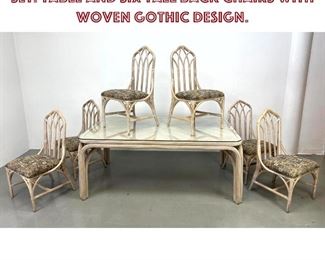 Lot 941 7pc Whitewashed Rattan Dining Set. Table and Six Tall Back Chairs with Woven Gothic Design. 
