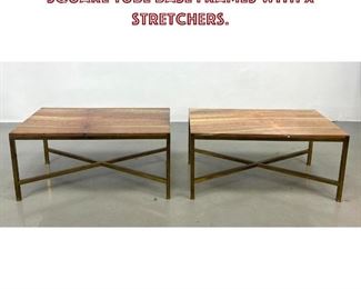Lot 956 Pr Stone Top Coffee Tables. Brass Square Tube Base Frames with X Stretchers. 