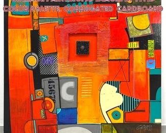 Lot 958 GEREMIA Signed Mixed Media Collage Painting. 3D Images in Vivid Color Palette. Corrugated Cardboard