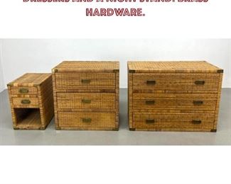Lot 972 3pcs Wicker Rattan Cabinets. Two dressers and a night stand. Brass hardware.