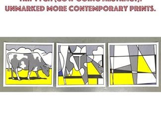 Lot 985 3pc Roy Lichtenstein Prints. Cow Triptych Cow Going Abstract. unmarked more contemporary prints.