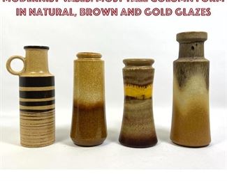 Lot 1031 4pc WEST GERMAN Art Pottery Modernist Vases. Most tall column form in Natural, brown and gold glazes