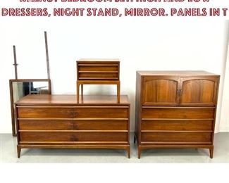 Lot 1065 4pc LANE American Modern Walnut Bedroom Set. High and Low Dressers, Night Stand, Mirror. Panels in T