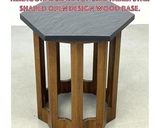 Lot 1066 HARVEY PROBBER Style Hexagonal Slate Top Side Table. Star Shaped Open Design Wood Base. 