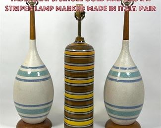 Lot 1067 3pc Glazed Pottery Modern Table Lamps. Single Gold and Brown striped lamp marked Made in Italy. Pair