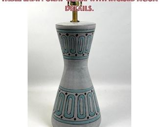 Lot 1089 Modernist Corseted Pottery Table Lamp. Gray glaze with incised aqua details. 