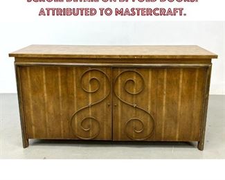 Lot 1103 Burl Wood Top Credenza. Brass Scroll detail on BiFold Doors. Attributed to Mastercraft. 