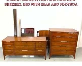 Lot 1121 4pc KENT COFFEY American Modern Walnut Bedroom Set. High and Low Dressers. Bed with head and footboa