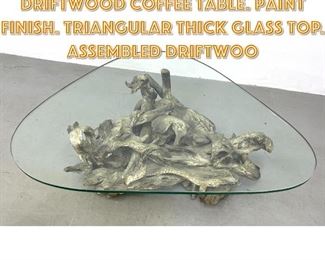 Lot 1204 Natural Organic Driftwood Coffee Table. Paint Finish. Triangular Thick Glass Top. Assembled driftwoo