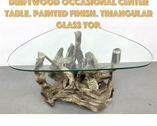 Lot 1206 Natural Organic Driftwood Occasional Center Table. Painted Finish. Triangular Glass Top. 