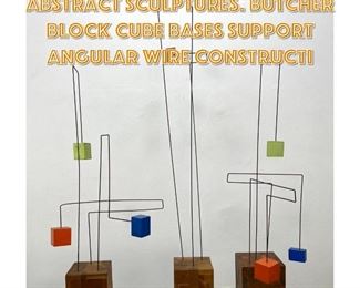Lot 1221 Collection 3 Modernist Abstract Sculptures. Butcher Block Cube Bases support Angular Wire Constructi