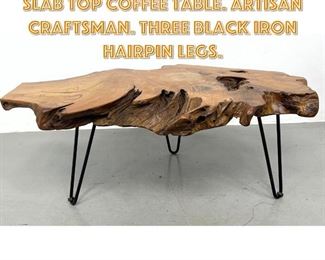 Lot 1236 Natural Live Edge Wood Slab Top Coffee Table. Artisan Craftsman. Three black iron hairpin legs. 