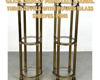 Lot 1240 Pr Regency style Metal, Glass Display Pedestals Stands. three levels with round glass shelves. Pine 
