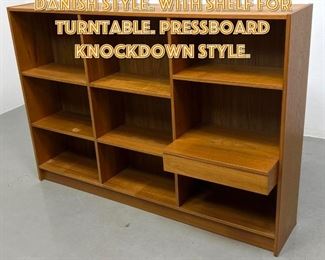 Lot 1245 Teak entertainment shelf. Danish style. With shelf for Turntable. Pressboard knockdown style.