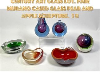 Lot 1255 6pc Mostly Italian Mid Century Art Glass Lot. Pair Murano Cased Glass Pear and Apple Sculpture. 3 B