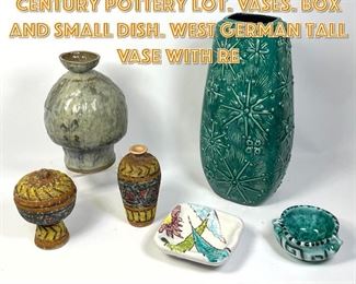 Lot 1256 6pc Mostly Italian Mid Century Pottery Lot. Vases. Box and Small Dish. WEST GERMAN Tall Vase with Re