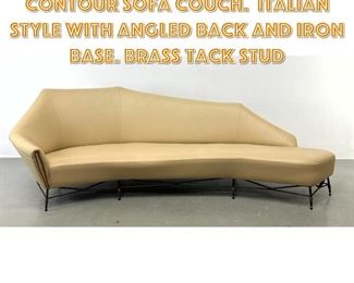 Lot 1266 Vintage Decorator Contour Sofa Couch. Italian Style with angled back and Iron Base. Brass Tack Stud
