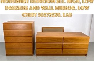 Lot 1273 3pc QUALITY Teak Modernist Bedroom Set. High, Low Dressers and Wall Mirror. Low Chest 30x72x20. Lab