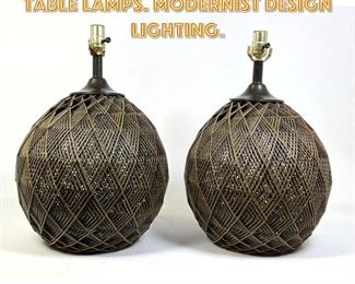 Lot 1274 Pr Woven Spherical Form Table Lamps. Modernist Design Lighting. 