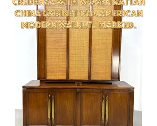 Lot 1277 HERITAGE Two Part Credenza with Woven Rattan China Cabinet Top. American Modern Walnut. Marked. 