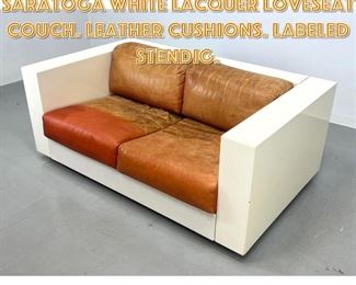 Lot 1284 Massimo Vignelli Saratoga White Lacquer Loveseat Couch. Leather Cushions. Labeled Stendig. 