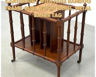 Lot 1288 BAKER English style Canterbury with Faux Bamboo Frame. Burl Wood Panel. Metal Baker tag