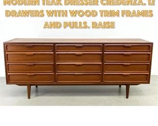 Lot 1291 HOVMAND OLSEN Danish Modern Teak Dresser Credenza. 12 Drawers with Wood trim frames and pulls. Raise