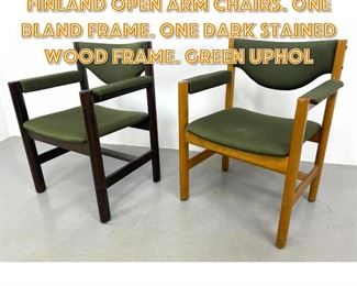 Lot 1294 2pc ICF FENNOFORM Finland Open Arm Chairs. One bland Frame. One dark stained wood frame. Green uphol
