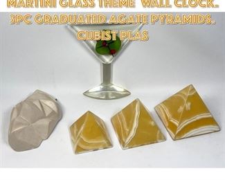 Lot 1307 5pc Modernist Design Lot. Martini Glass Theme Wall Clock. 3pc Graduated Agate Pyramids. Cubist Plas