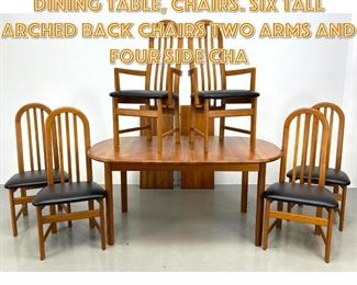 Lot 1322 7pc Teak NORDIC Modern Dining Table, Chairs. Six Tall Arched Back Chairs two arms and four side cha