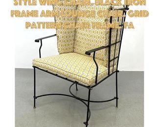 Lot 1324 Decorator Campaign Style Wing Chair. Black Iron Frame Arm Lounge Chair. Grid Pattern Chair Frame. Fa