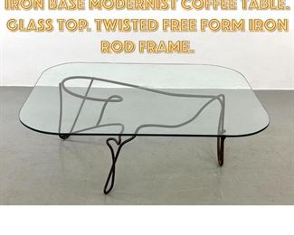 Lot 1331 One of a Kind Wrought Iron Base Modernist Coffee Table. Glass Top. Twisted Free Form Iron Rod Frame.