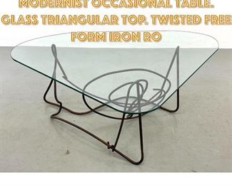 Lot 1333 Unique Wrought Iron Base Modernist Occasional Table. Glass Triangular Top. Twisted Free Form Iron Ro