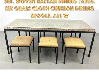 Lot 1334 7pc Rattan, Iron Dining Set. Woven Rattan Dining Table. Six Grass Cloth Cushion Dining Stools. All w