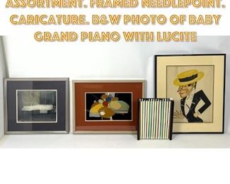 Lot 1336 4pc Modern Art Assortment. Framed Needlepoint. Caricature. BW Photo of Baby Grand Piano with Lucite