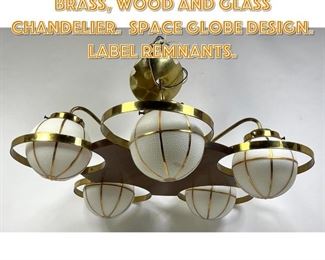 Lot 1342 Decorator Lightolier Brass, wood and Glass Chandelier. Space globe design. Label remnants.