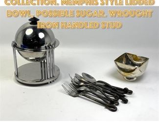 Lot 1355 Modern Design Metal Collection. MEMPHIS style Lidded Bowl, Possible Sugar. Wrought iron handled stud