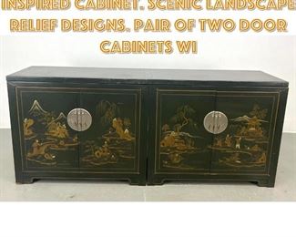 Lot 1369 BAKER Ebonized Asian inspired Cabinet. Scenic landscape relief designs. Pair of two door cabinets wi