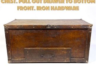 Lot 1387 Antique Wood Trunk Chest. Pull Out Drawer to Bottom Front. Iron Hardware