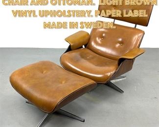Lot 1388 2pc Eames style Lounge Chair and Ottoman. Light Brown Vinyl Upholstery. Paper Label Made in Sweden.