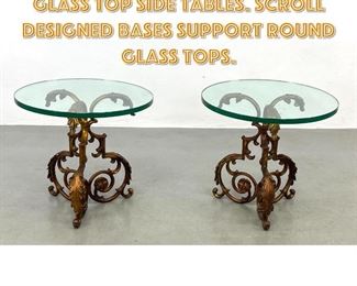 Lot 1394 Pr Fancy Gilt Iron Base Glass Top Side Tables. Scroll Designed Bases support Round Glass Tops. 