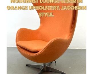 Lot 1403 Replica Egg Chair. Modernist Lounge Chair in Orange Upholstery. Jacobsen Style. 