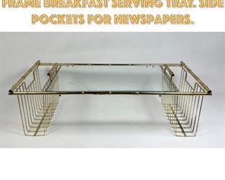 Lot 1409 Faux Bamboo Gold Tone Frame Breakfast Serving Tray. Side pockets for newspapers. 