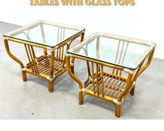 Lot 1432 Pair Wicker Rattan end tables with glass tops