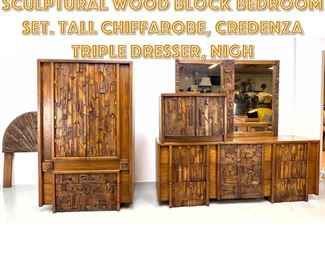 Lot 1439 5pc LANE Brutalist Sculptural Wood Block Bedroom Set. Tall Chiffarobe, Credenza Triple Dresser, Nigh