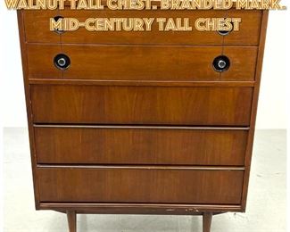 Lot 1440 Stanley American Modern Walnut Tall Chest. Branded mark. Midcentury tall chest 
