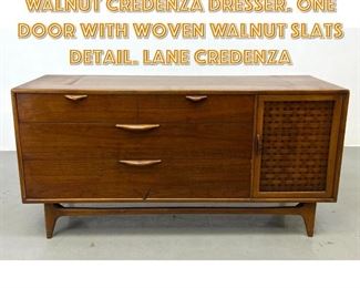 Lot 1465 LANE American Modern Walnut Credenza Dresser. One door with woven walnut slats detail. Lane credenza