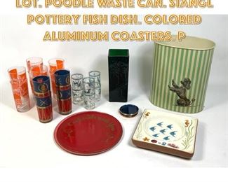 Lot 1492 Assorted Modern Design Lot. Poodle Waste Can. STANGL Pottery Fish Dish. Colored Aluminum Coasters. P