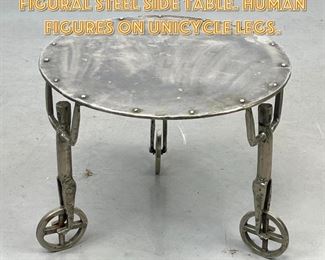 Lot 1496 70s Artisan Whimsical Figural Steel Side Table. Human Figures on Unicycle Legs. 
